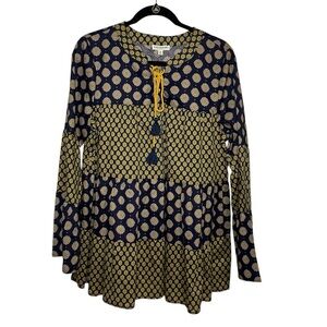 Ditsy Floral Yellow Gold Navy Boho Chic Tiered Peasant Shirt Size: Medium